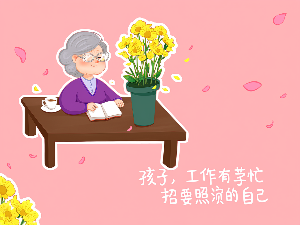 有一位戴着眼镜、头发灰白的老奶奶，她穿着紫色上衣，正在院子里看着书，有茶几，有鲜艳的鲜花。文字内容是“孩子，工作再忙也要照顾好自己。”，文字为白色细体手写风格。采用简洁的卡通插画风格，人物和物体的线条简单流畅，色彩明快且饱和度适中。以粉色为背景主色调，搭配人物和物体的多彩颜色，整体和谐具有视觉吸引力。 